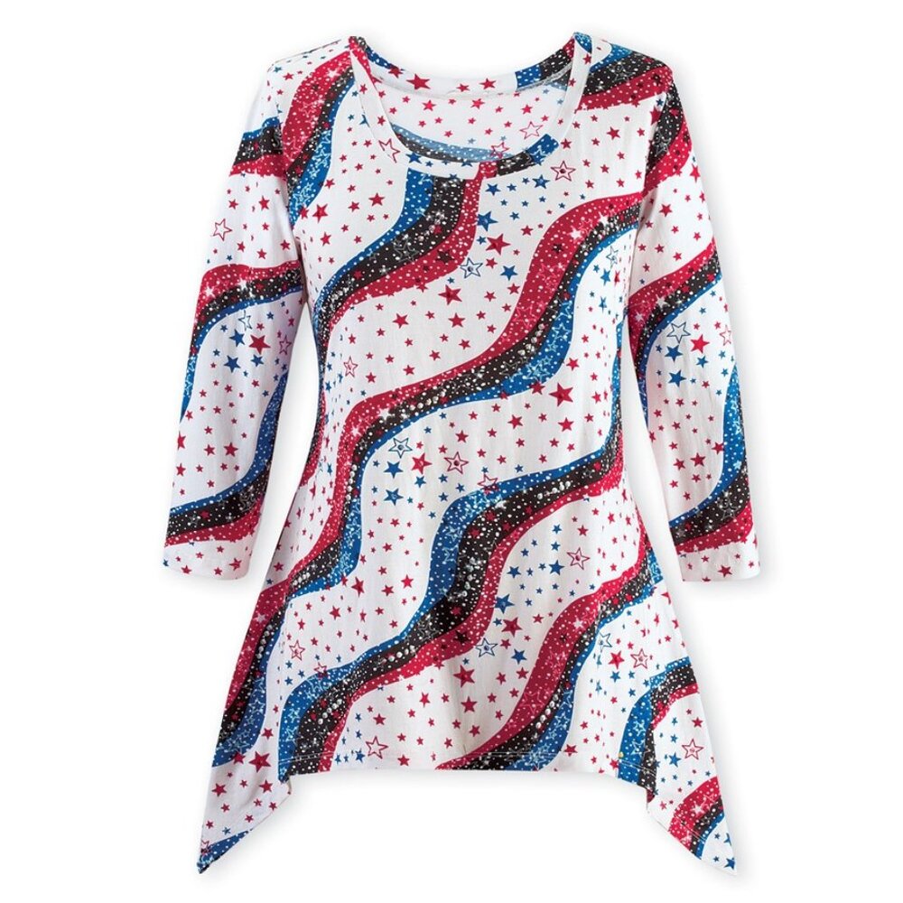 New XXL Red White Blue Sparkling Stars and Stripes Sequin Shark Bite Knit Tunic